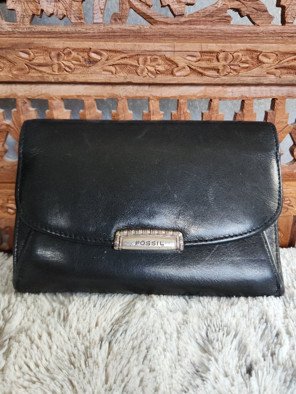 Fossil 1954 "Long Live Vintage" 2010s Envelope Tri-Fold Wallet in Black Leather